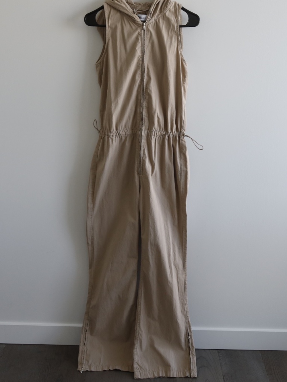 Zara Beige Hooded Utility Jumpsuit Sleeveless Zip Front Wide Leg